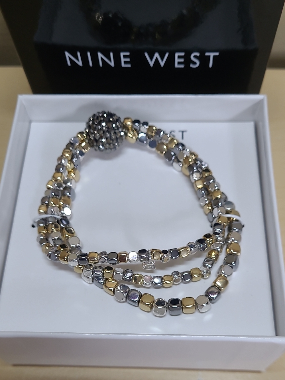 Nine West 3 Silver/Gold/Black Bead Stretch Bracelet Large Crystal Bead NWT